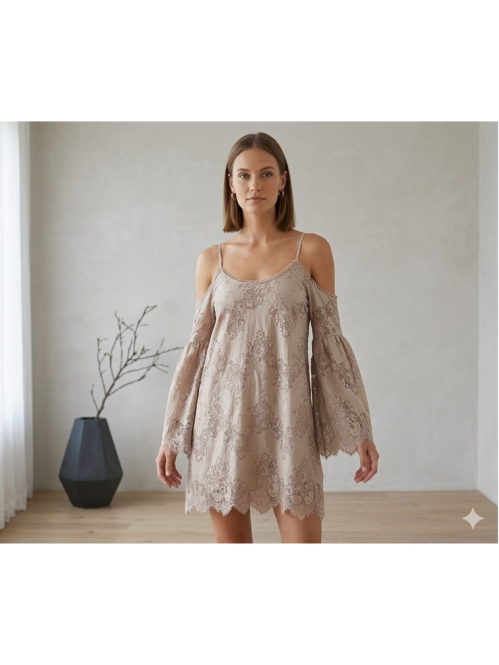 Loveriche NWT Lace Cold Shoulder Mini Dress Taupe Boho Bell Sleeve Medium Brand
